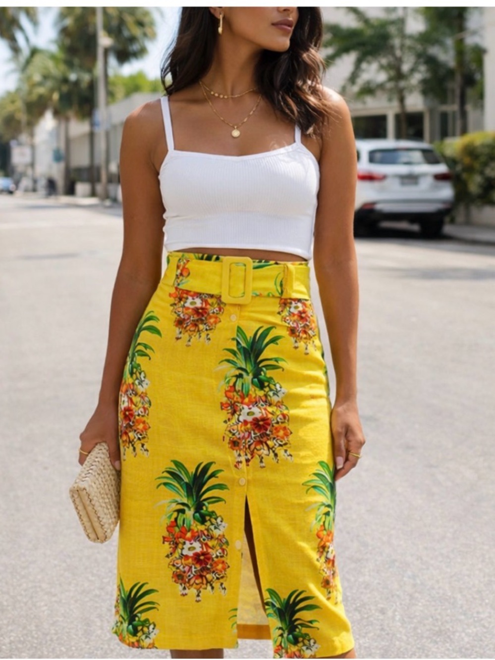 FARM Rio XS Linen Pencil Skirt Pineapple Belted Yellow Boho Anthropologie Resort